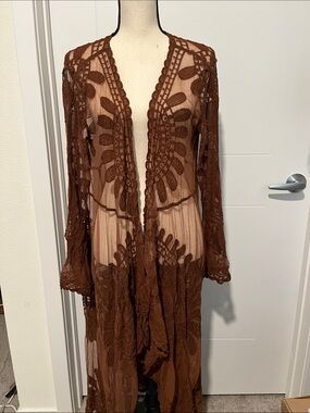 Cupshe Brown Bohemian Crochet Lace Duster Kimono Resort Festival Beach Coastal